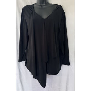 Chico’s Travelers Black Draped V Neck Top Size 2 Stretch Blouse Layered Front